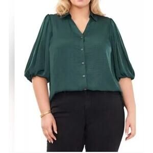 Vince Camuto Satin Balloon-Sleeve Button-up Blouse Top | 3X, Forest Green NWT